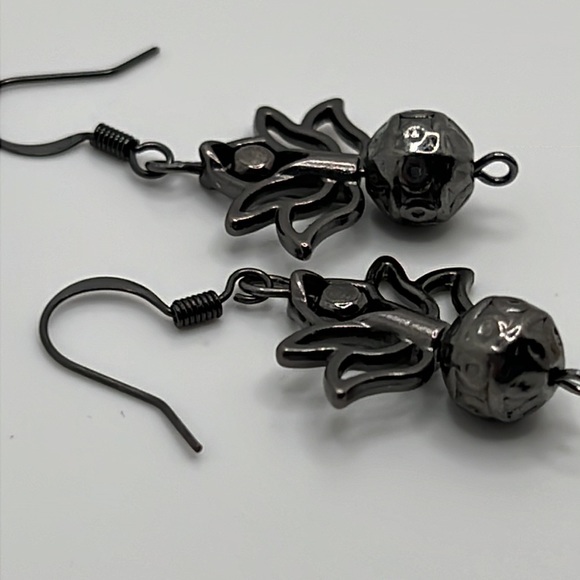 Gunmetal Lotus Flower Earrings. - Picture 3 of 3